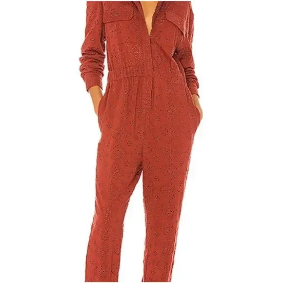 Free People Womens Collared Orange Jumpsuit Sz 0 Boho Utility Core Indie Casual - Picture 2 of 8